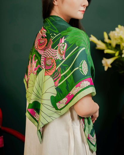 Lotus Serenade Silk Square Scarf / Green & Pink