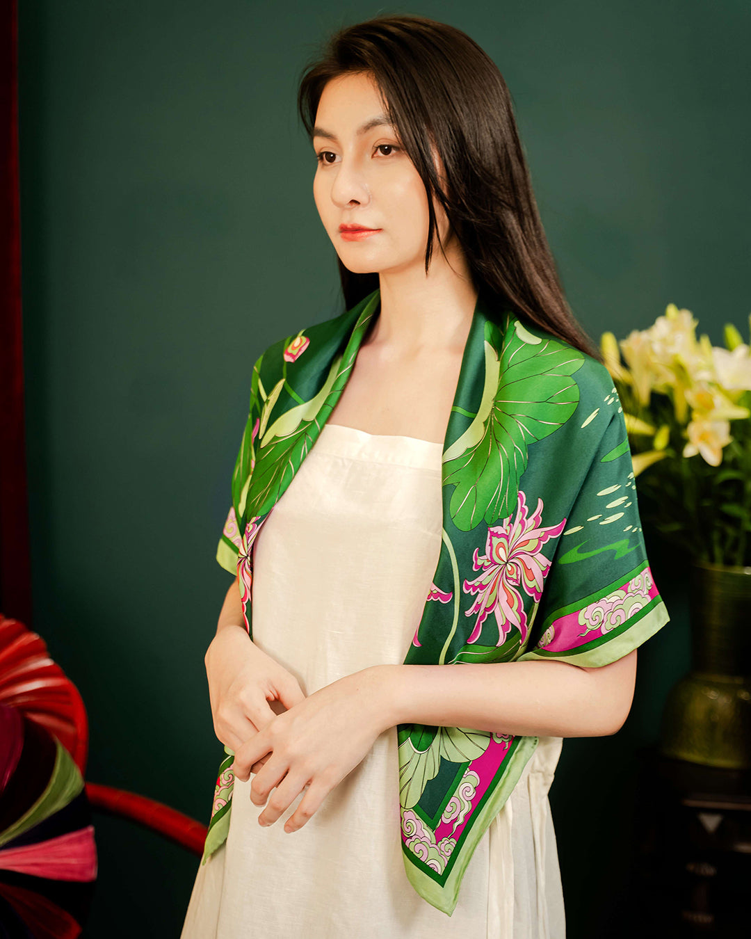 Lotus Serenade Silk Square Scarf / Green & Pink