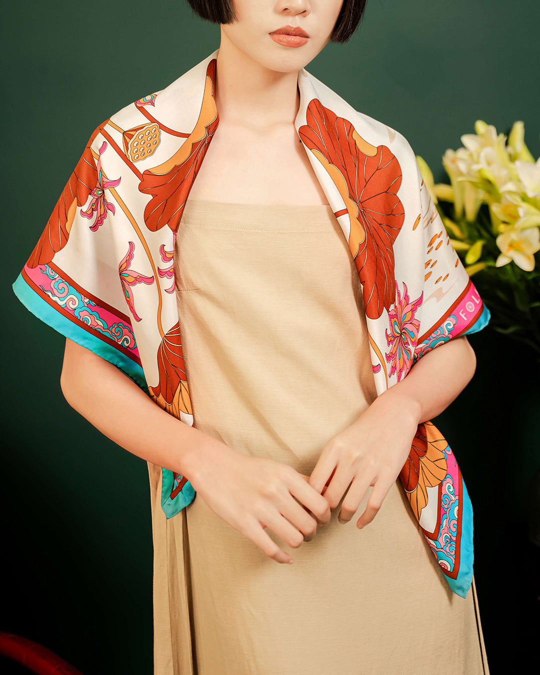 Lotus Serenade Silk Scarf / Brown & Pink / 90x90cm / 36x36in