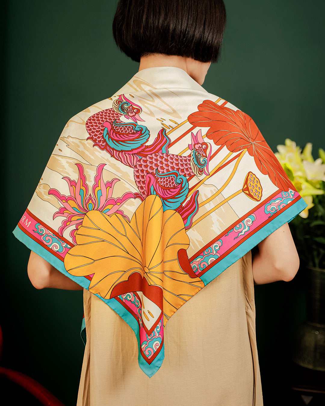 Lotus Serenade Silk Scarf / Brown & Pink