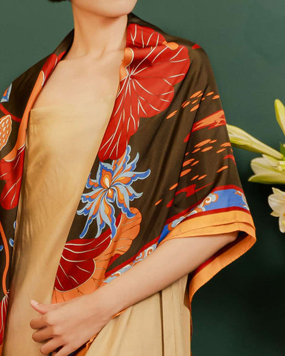 Lotus Serenade Silk Square Scarf / Brown & Blue