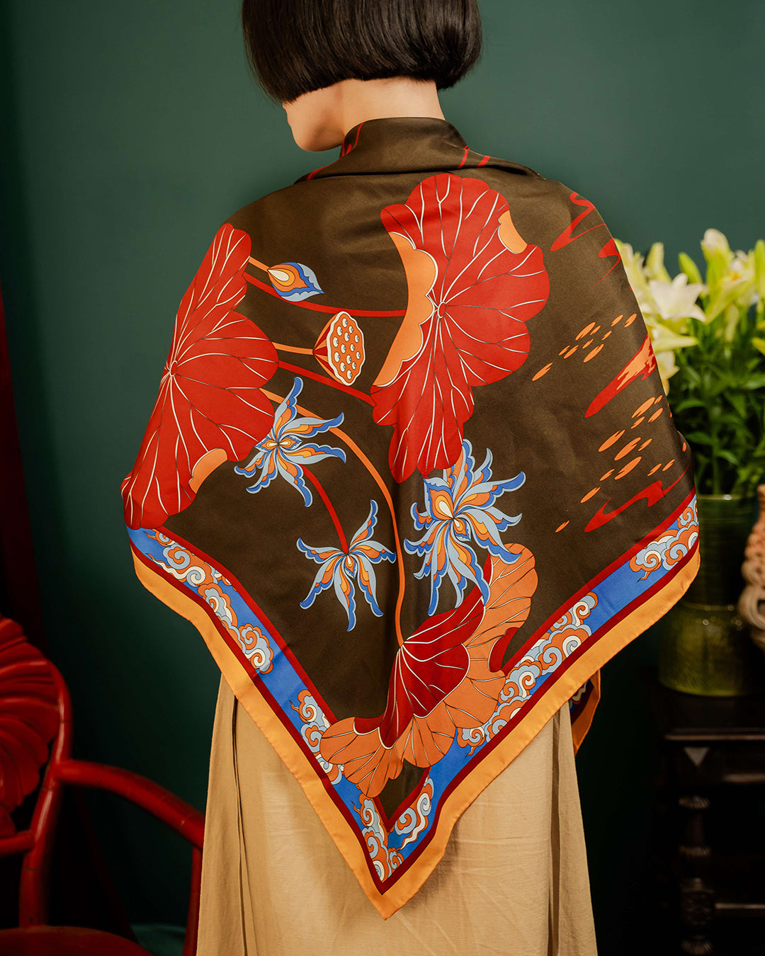 Lotus Serenade Silk Square Scarf / Brown & Blue