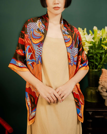 Lotus Serenade Silk Square Scarf / Brown & Blue