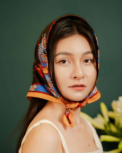 Lotus Serenade Silk Square Scarf / Brown & Blue