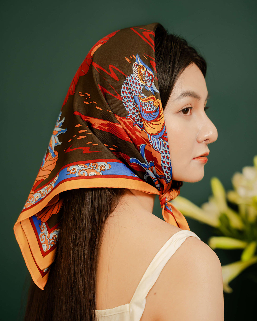 Lotus Serenade Silk Scarf / Brown & Blue / 65x65cm / 26x26in