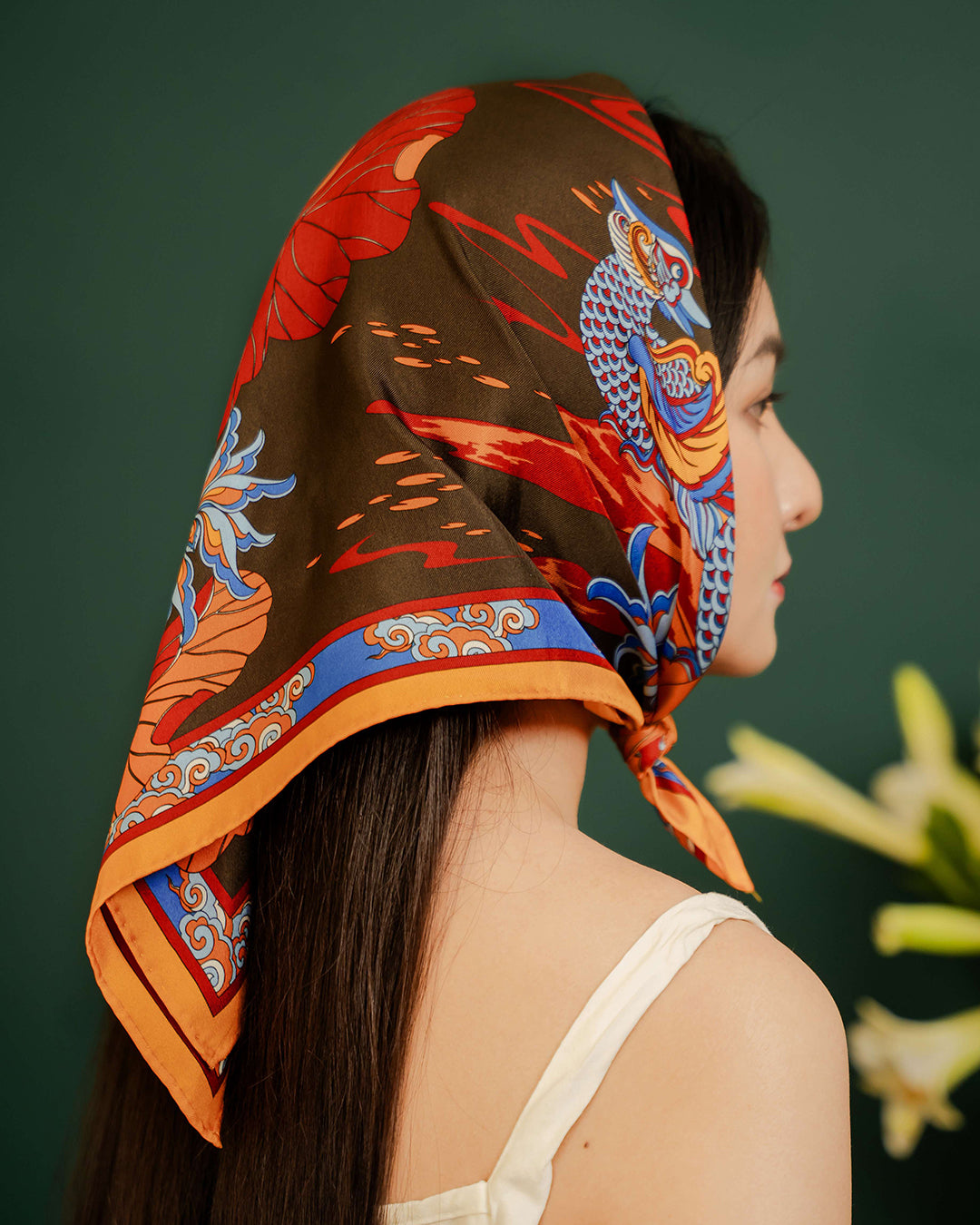 Lotus Serenade Silk Square Scarf / Brown & Blue