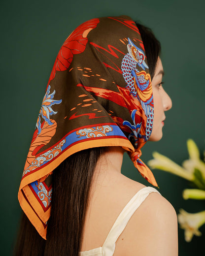 Lotus Serenade Silk Square Scarf / Brown & Blue