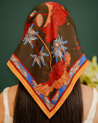 Lotus Serenade Silk Square Scarf / Brown & Blue