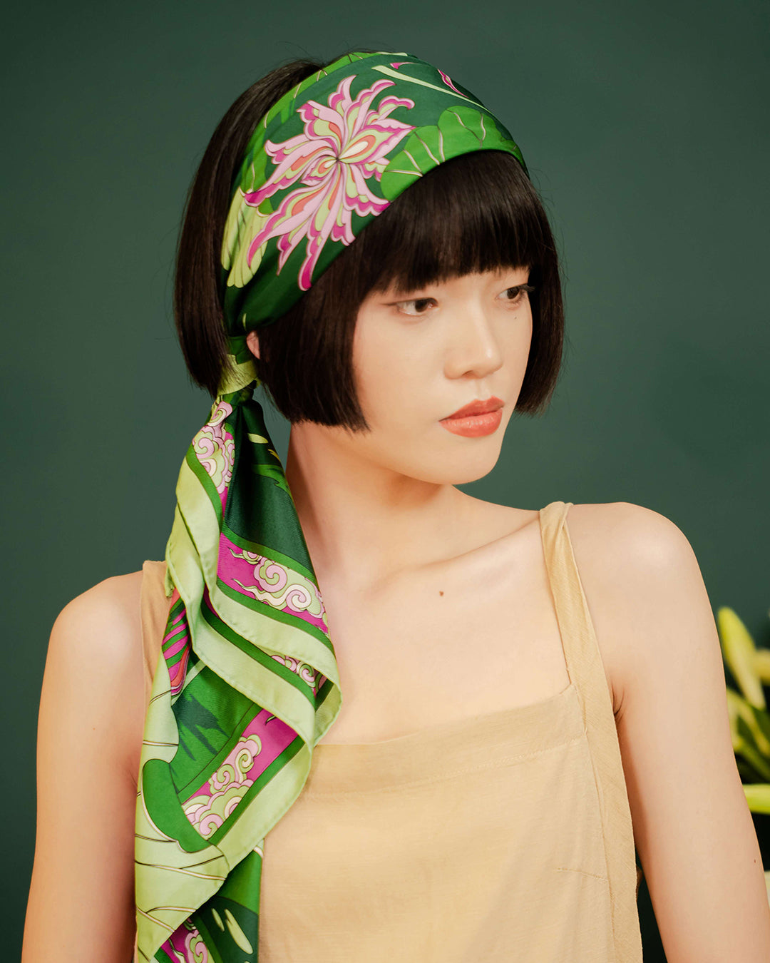 Lotus Serenade Silk Square Scarf / Green & Pink