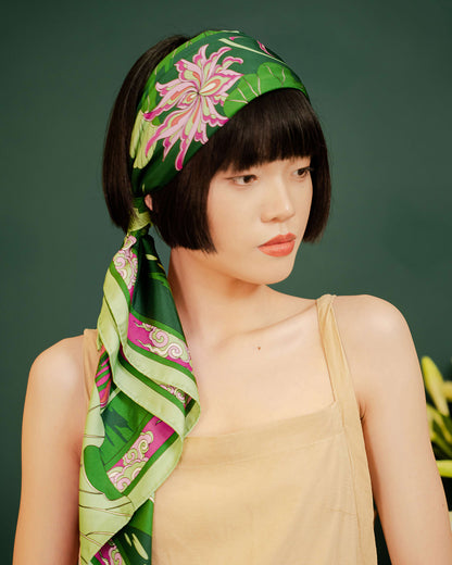 Lotus Serenade Silk Square Scarf / Green & Pink