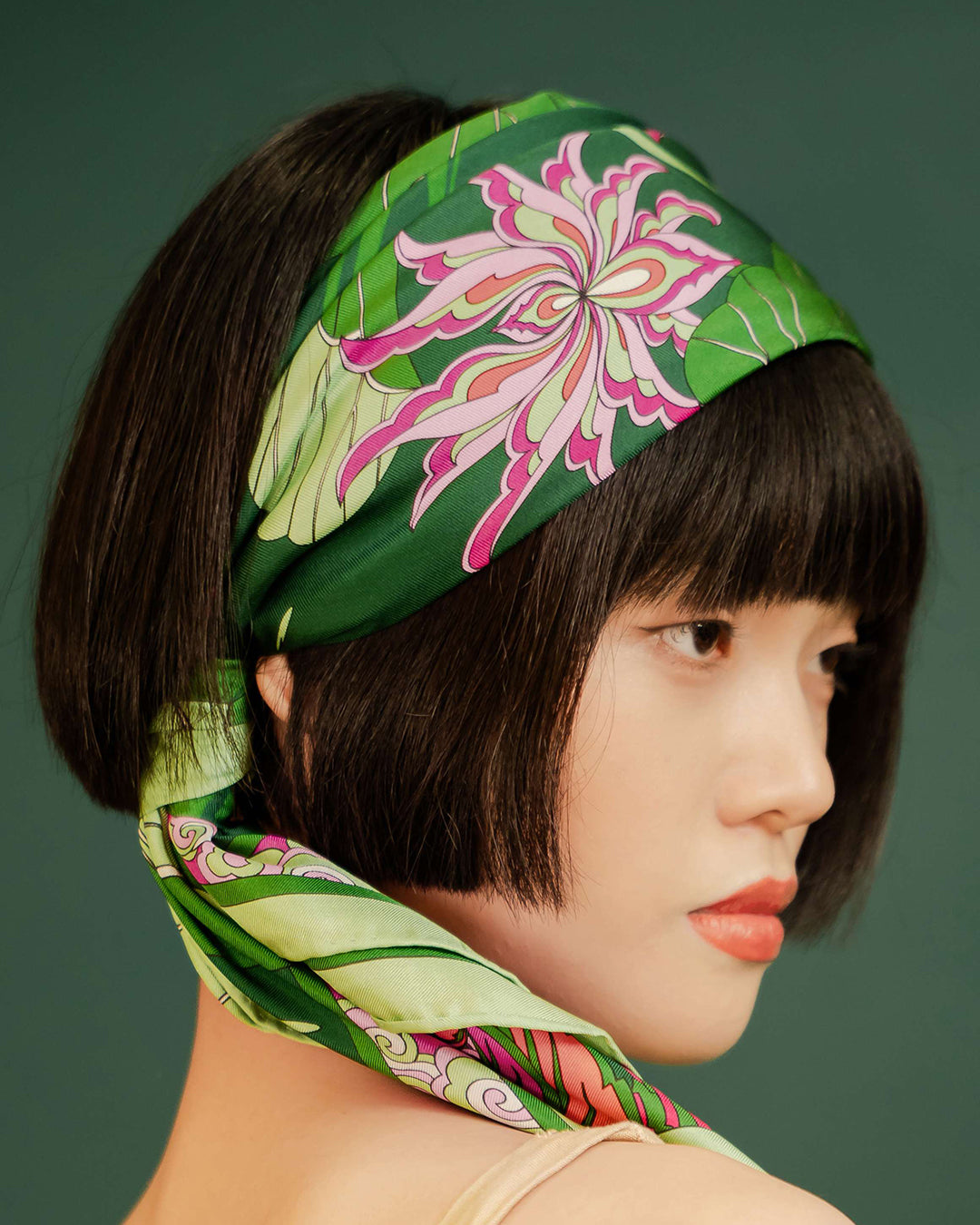 Lotus Serenade Silk Square Scarf / Green & Pink