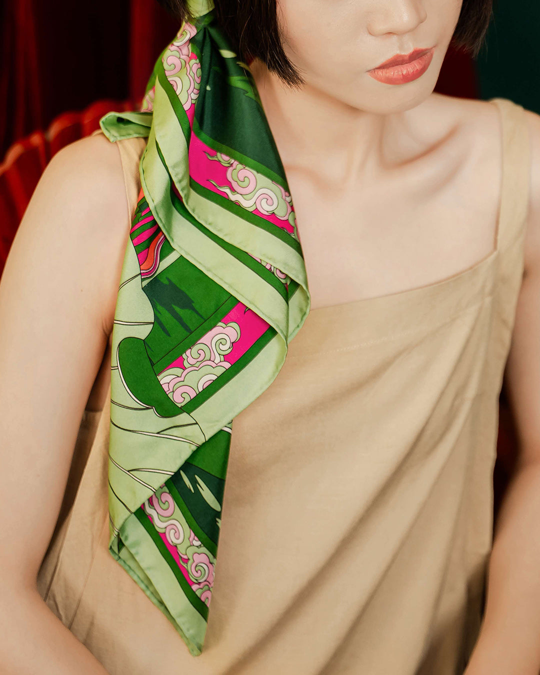 Lotus Serenade Silk Square Scarf / Green & Pink