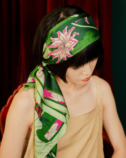 Lotus Serenade Silk Square Scarf / Green & Pink