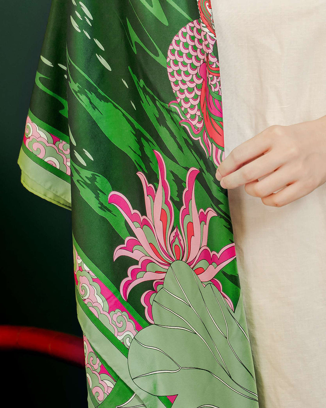 Lotus Serenade Silk Square Scarf / Green & Pink