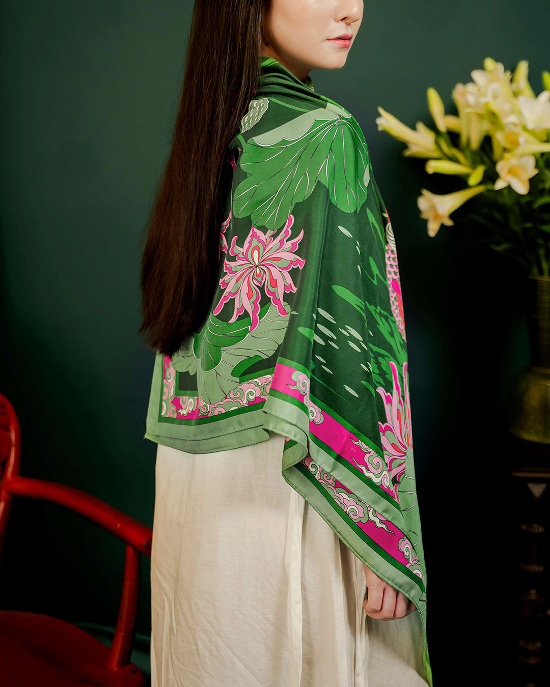 Lotus Serenade Silk Square Scarf / Green & Pink