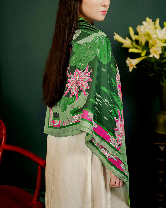 Lotus Serenade Silk Scarf / Green & Pink / 110x110cm / 44x44in