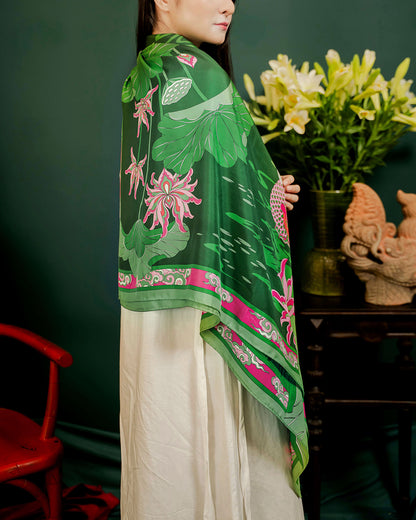 Lotus Serenade Silk Square Scarf / Green & Pink