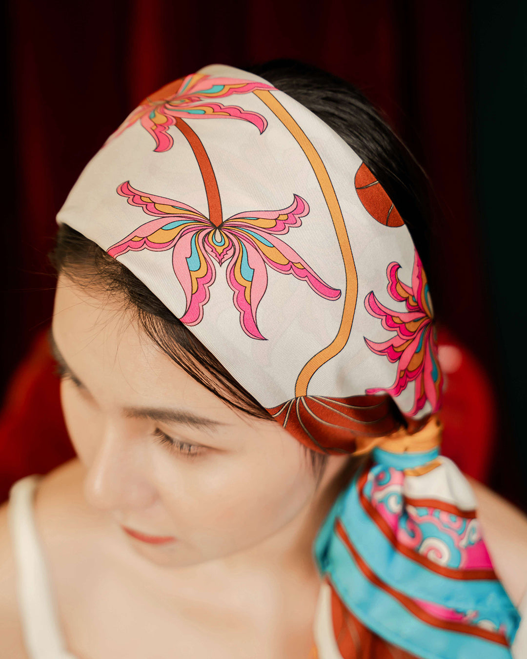 Lotus Serenade Silk Scarf / Brown & Pink / 110x110cm / 44x44in