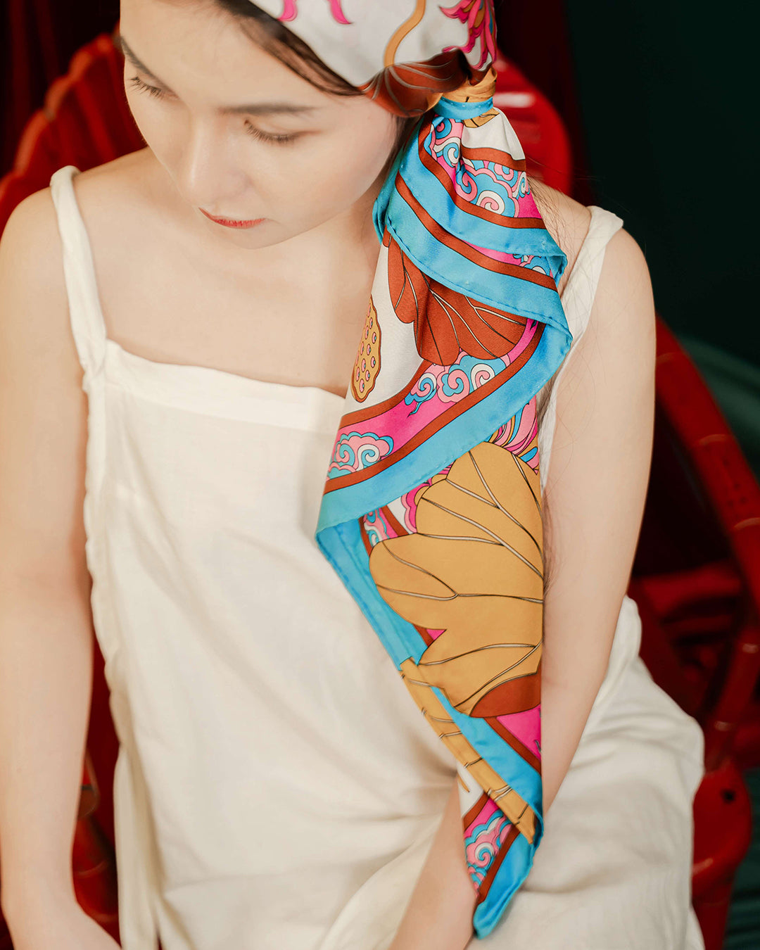 Lotus Serenade Silk Scarf / Brown & Pink / 110x110cm / 44x44in