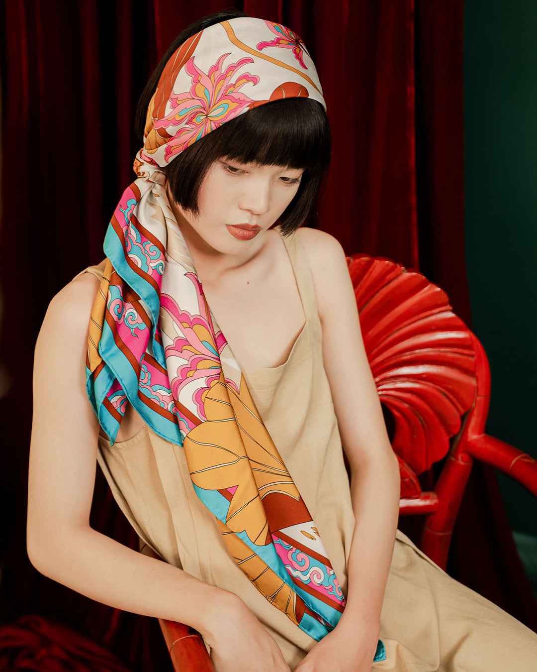 Lotus Serenade Silk Scarf / Brown & Pink