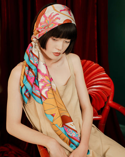 Lotus Serenade Silk Scarf / Brown & Pink