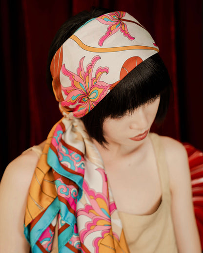 Lotus Serenade Silk Scarf / Brown & Pink