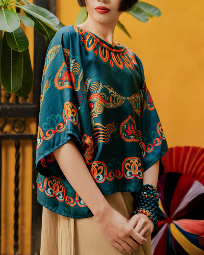 Silk Batwing Blouse 1940s / Mallard Green Dragon Of Grace
