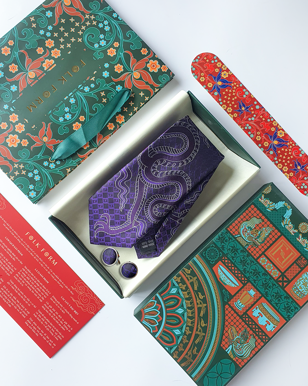 Purple silk jacquard tie and cufflinks set, 3.1 inch wide