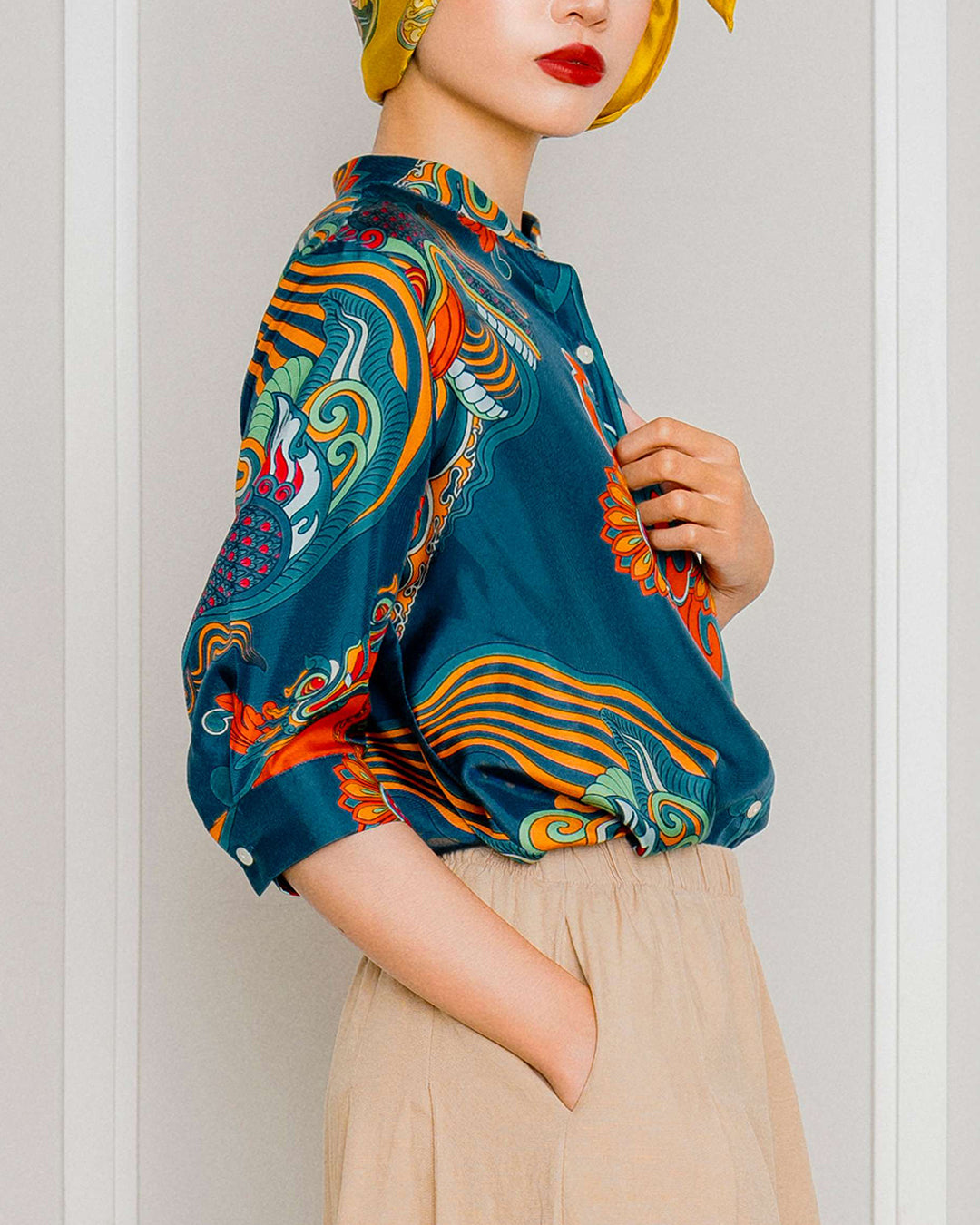 Silk Emancipation Shirt 1925 / Orange & Mallard Green Dragon Dreams