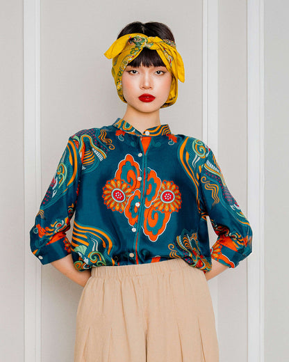 Silk Emancipation Shirt 1925 / Orange & Mallard Green Dragon Dreams