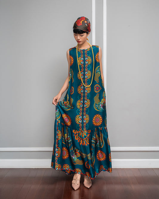 Silk Max Boho 1970 Sleeveless Dress / Mallard Green Dragon Of Grace