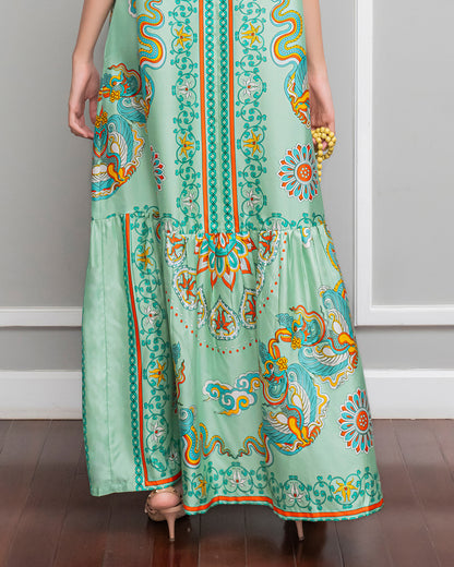 Silk Max Boho 1970 Sleeveless Dress / Pastel Green Phoenix Dance