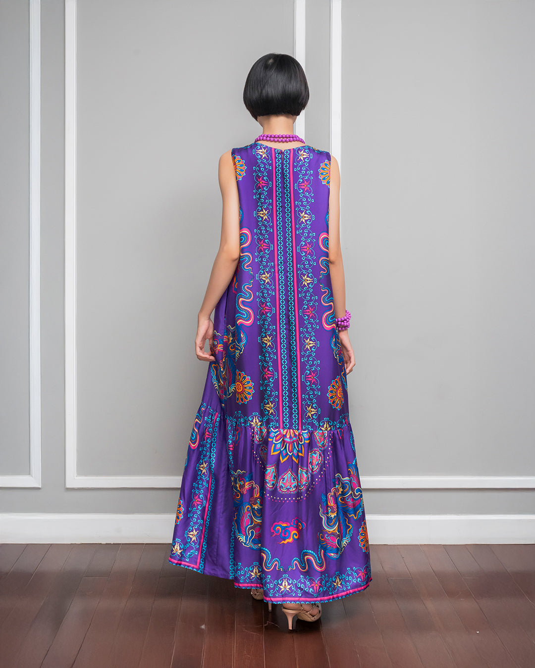 Silk Max Boho 1970 Sleeveless Dress / Purple Phoenix Dance