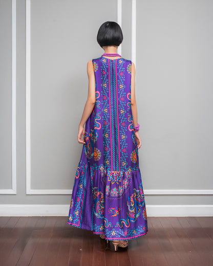 Silk Max Boho 1970 Sleeveless Dress / Purple Phoenix Dance