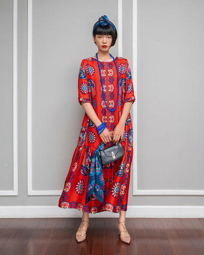 Silk Max Boho 1970 Dress / Red Dragon Of Grace
