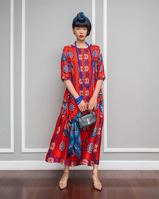Silk Max Boho 1970 Dress / Red Dragon Of Grace