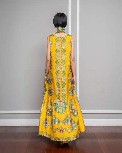 Silk Max Boho 1970 Sleeveless Dress / Yellow Dragon Of Grace