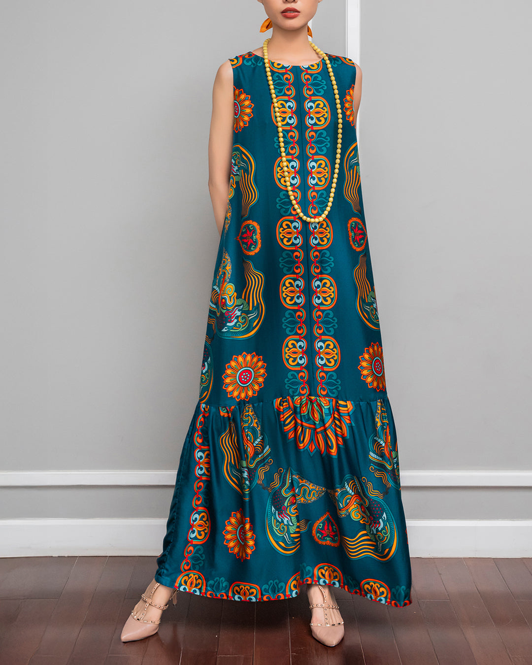 Silk Max Boho 1970 Sleeveless Dress / Mallard Green Dragon Of Grace