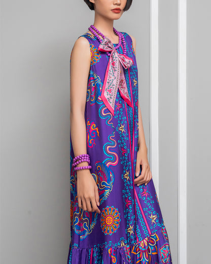 Silk Max Boho 1970 Sleeveless Dress / Purple Phoenix Dance
