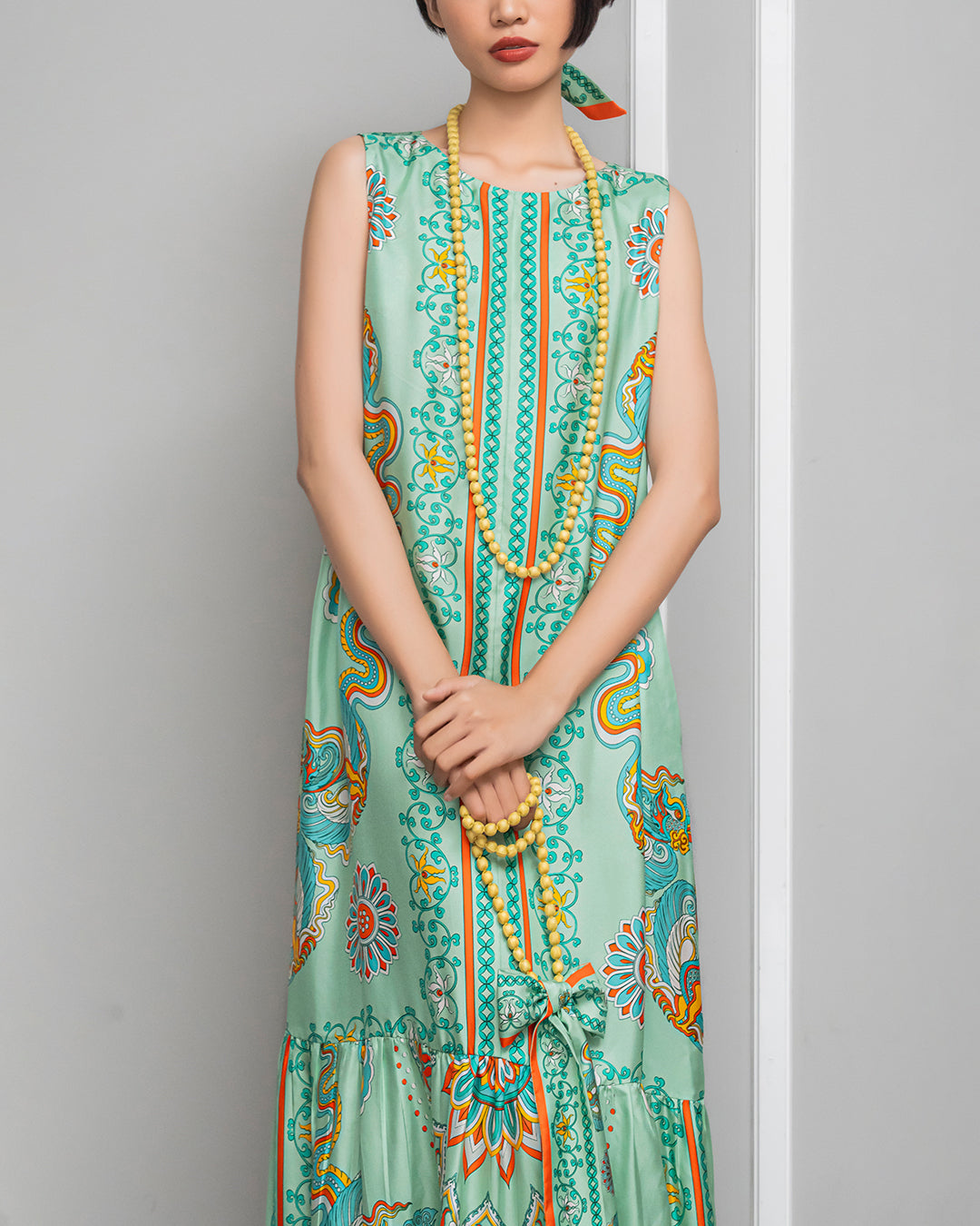 Silk Max Boho 1970 Sleeveless Dress / Pastel Green Phoenix Dance