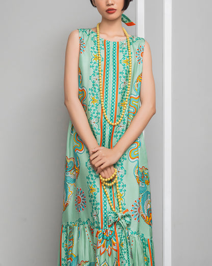 Silk Max Boho 1970 Sleeveless Dress / Pastel Green Phoenix Dance