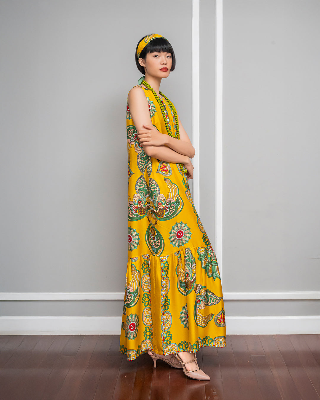 Silk Max Boho 1970 Sleeveless Dress / Yellow Dragon Of Grace