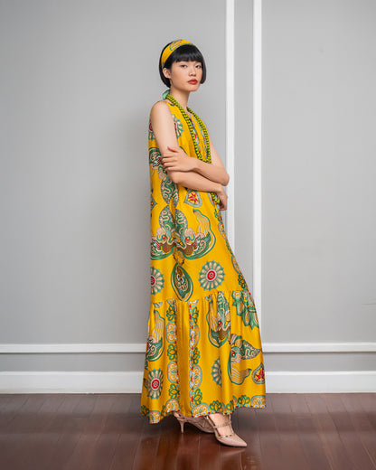 Silk Max Boho 1970 Sleeveless Dress / Yellow Dragon Of Grace