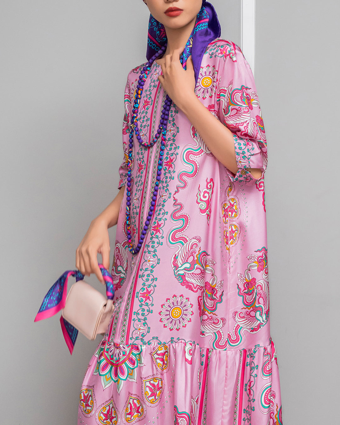 Silk Max Boho 1970 Dress / Pink Phoenix Dance