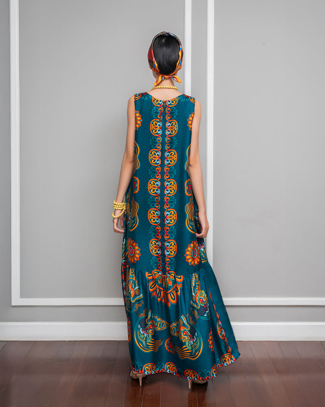 Silk Max Boho 1970 Sleeveless Dress / Mallard Green Dragon Of Grace