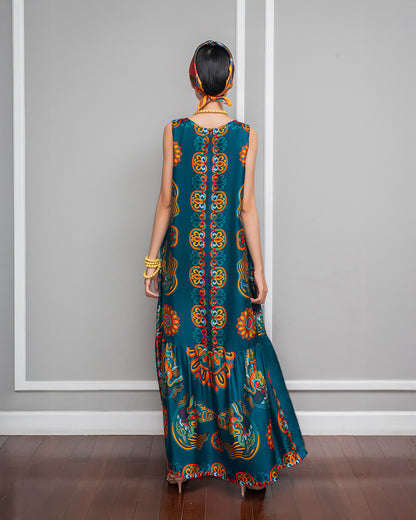 Silk Max Boho 1970 Sleeveless Dress / Mallard Green Dragon Of Grace