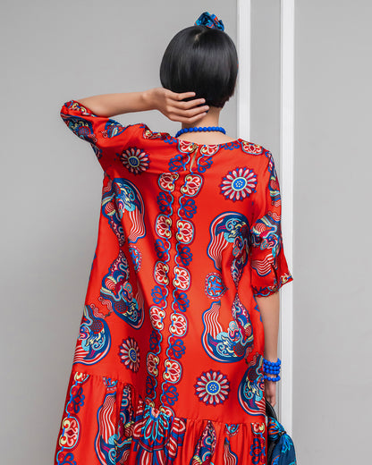 Silk Max Boho 1970 Dress / Red Dragon Of Grace