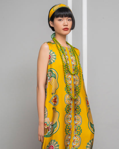 Silk Max Boho 1970 Sleeveless Dress / Yellow Dragon Of Grace
