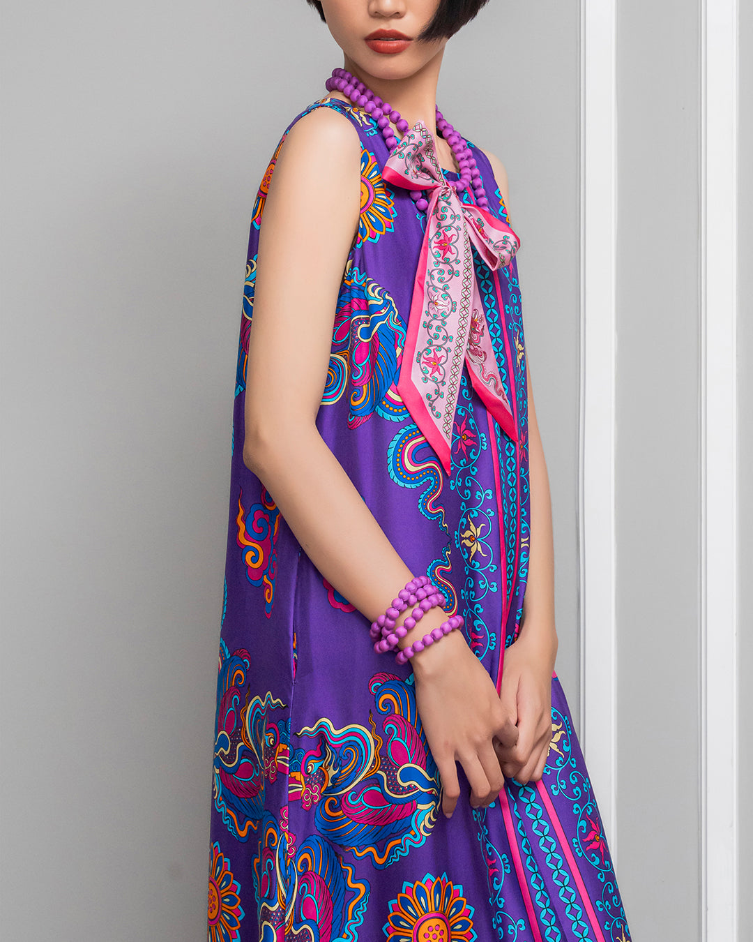 Silk Max Boho 1970 Sleeveless Dress / Purple Phoenix Dance