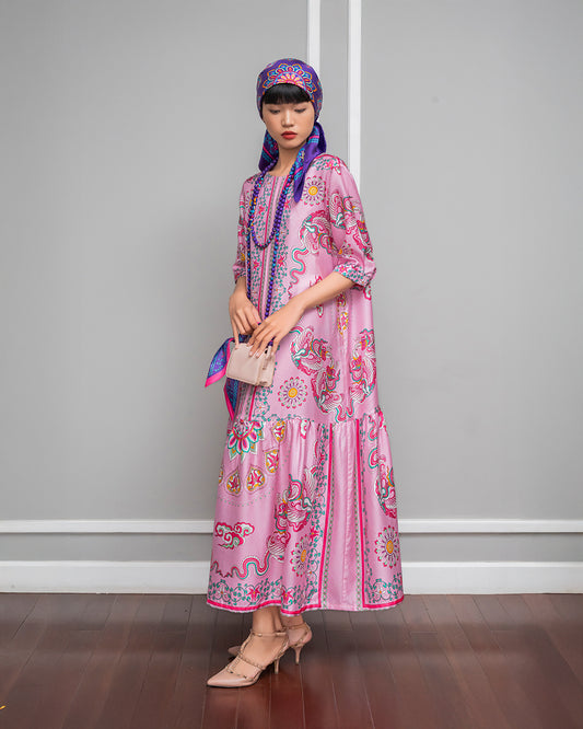 Silk Max Boho 1970 Dress / Pink Phoenix Dance